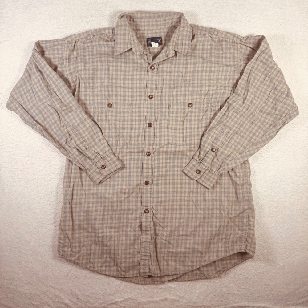 Patagonia Button Down Shirt Mens M Tan Blue Gingham Check Cotton Excellent L/S